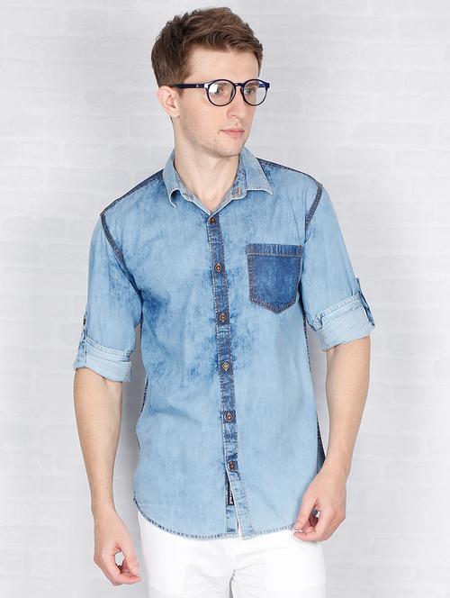 blue faded denim casual shirt - 16809228 - Very Small Image - 1
