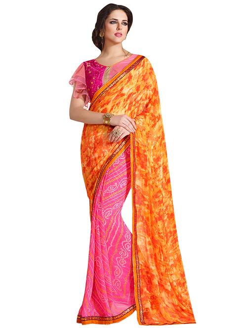 half & half printed saree with blouse - 16814123 - Very Small Image - 1