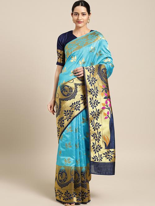 turquoise art silk kanjivaram saree with blouse - 16814271 - Very Small Image - 1