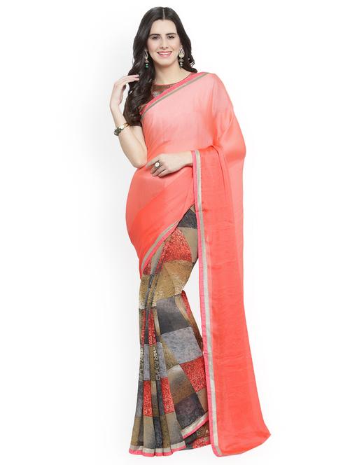 half & half printed saree with blouse - 16814538 - Very Small Image - 1