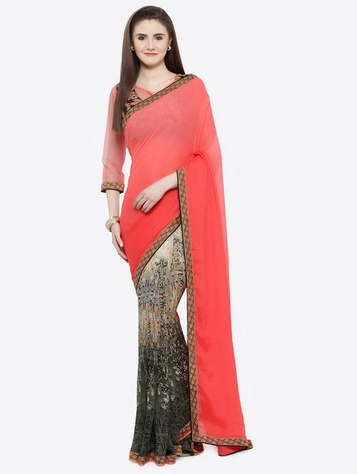 half & half bordered saree with blouse - 16814546 - Very Small Image - 1