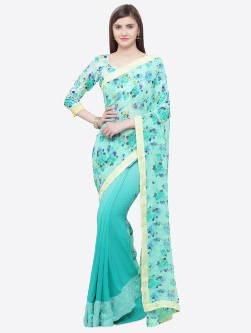 turquoise georgette printed saree with blouse - 16814563 - Very Small Image - 1