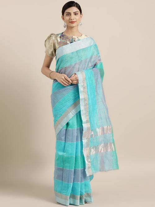 turquoise linen saree with blouse - 16814932 - Very Small Image - 1