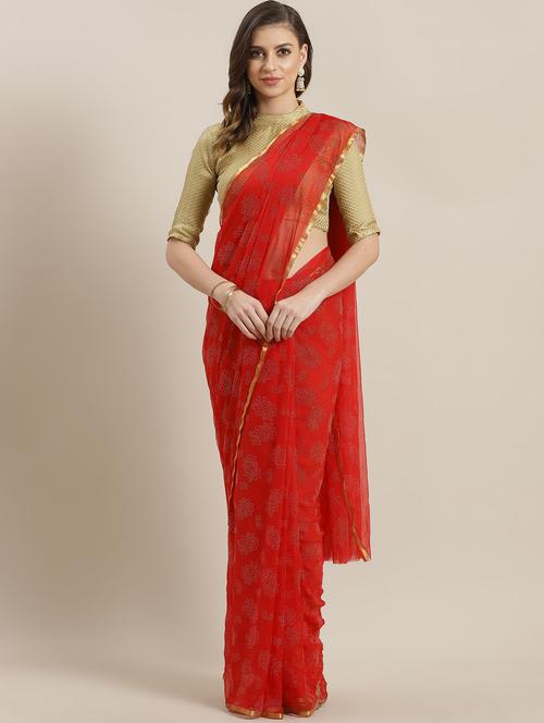 contrast piping printed saree with blouse - 16816741 - Very Small Image - 1