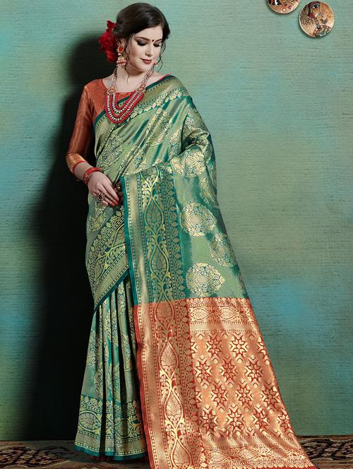 self design banarasi saree with blouse - 16817402 - Very Small Image - 1