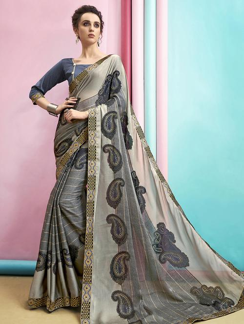 lace detailed printed saree with blouse - 16822511 - Very Small Image - 1