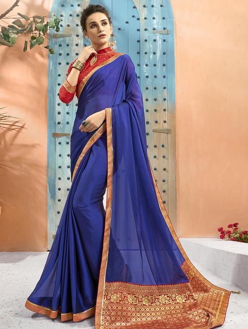 solid bordered woven saree with blouse - 16822519 - Very Small Image - 1