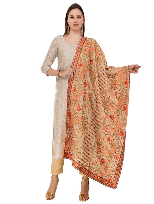 beige floral embroidered dupatta - 16822996 - Very Small Image - 1