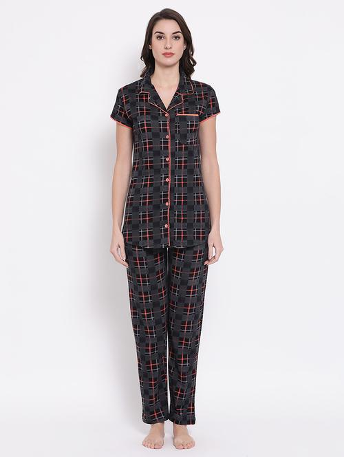 lapel neck checkered pajama set - 16823782 - Very Small Image - 1