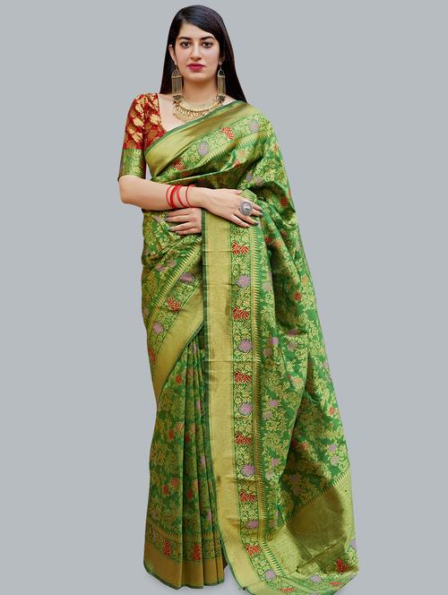 floral banarasi silk saree with blouse - 16824285 - Very Small Image - 1