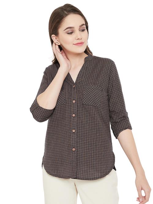 mandarin neck checkered shirt - 16826126 - Very Small Image - 1