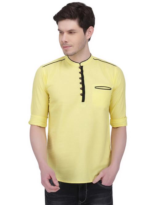 yellow linen solid short kurta - 16827345 - Very Small Image - 1