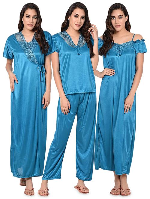 lace detail blue satin combos nightwear set - 16827654 - Very Small Image - 1