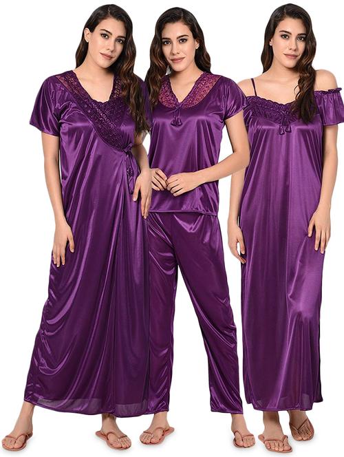 lace detail purple satin combos nightwear set - 16827655 - Very Small Image - 1