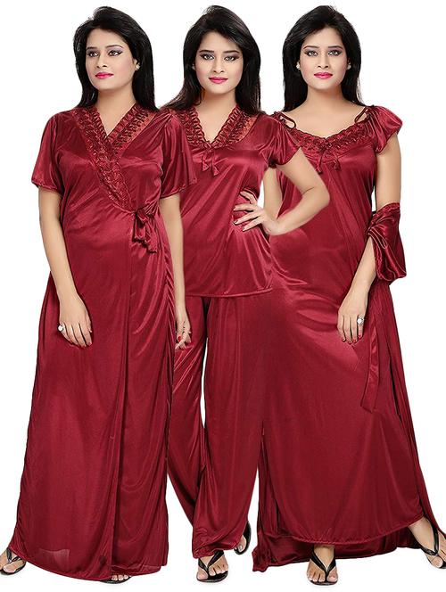 lace detail red satin combos nightwear set - 16827656 - Very Small Image - 1