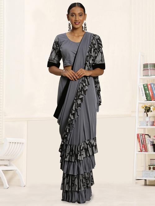 solid ruffled saree with blouse - 16827716 - Very Small Image - 1