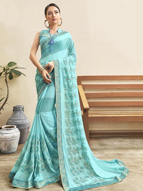 lace detailed printed saree with blouse - 16828114 - Very Small Image - 1