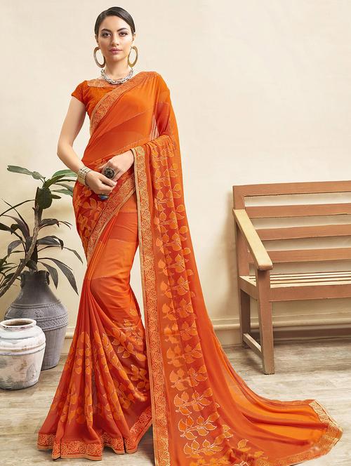 lace detailed printed saree with blouse - 16828115 - Very Small Image - 1