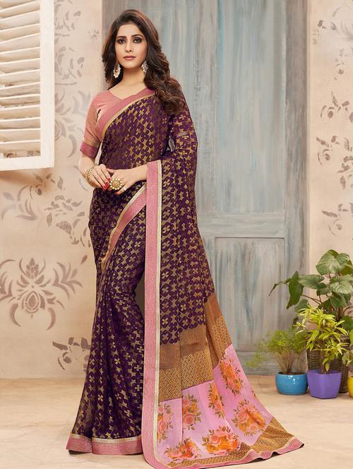 lace detailed printed saree with blouse - 16828168 - Very Small Image - 1