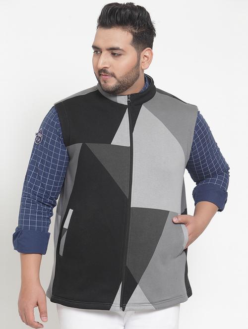 grey color block casual jacket (plus size) - 16828728 - Very Small Image - 1