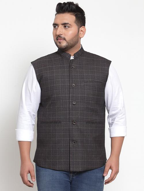 brown checkered nehru jacket (pus size) - 16828809 - Very Small Image - 1