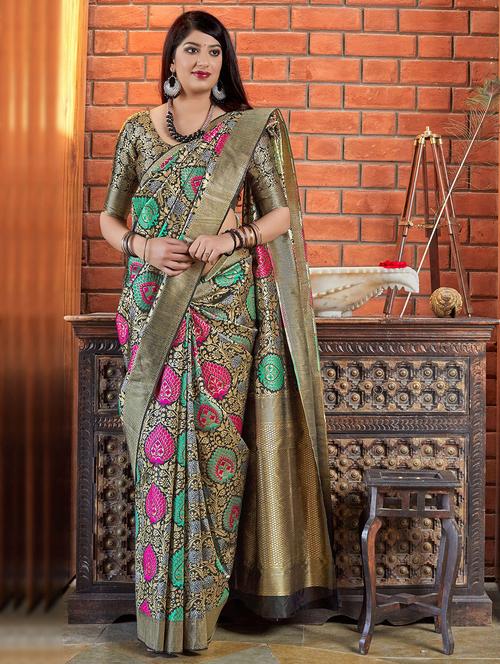floral banarasi silk saree with blouse - 16829115 - Very Small Image - 1