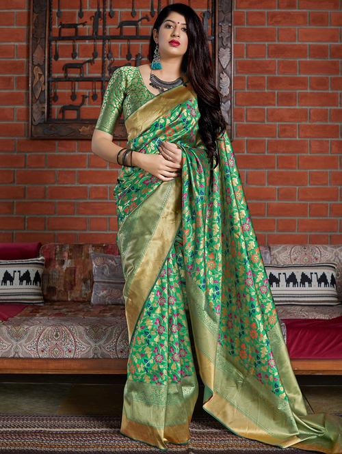 floral banarasi silk saree with blouse - 16829116 - Very Small Image - 1