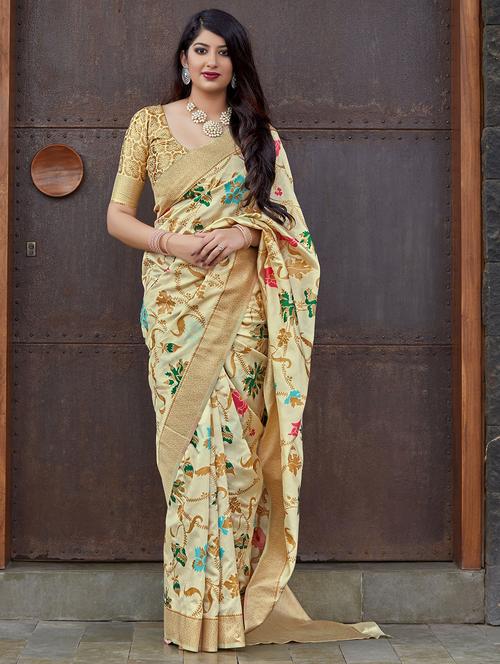 floral banarasi silk saree with blouse - 16829117 - Very Small Image - 1