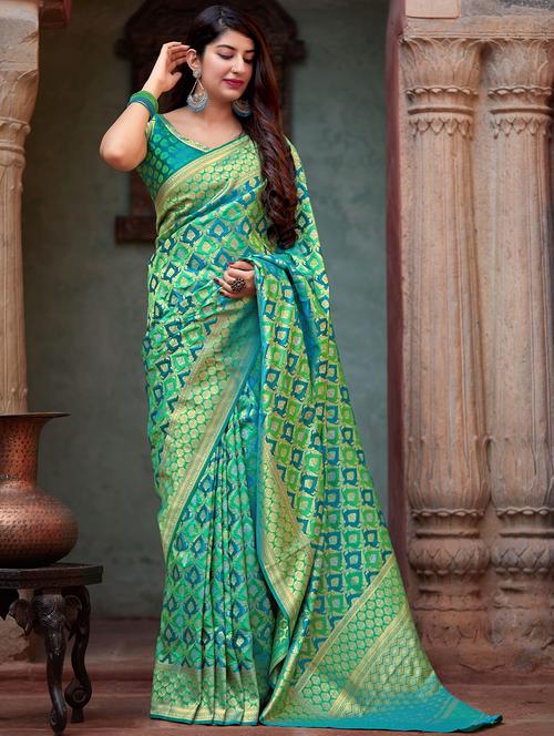 turquoise silk blend banarasi saree with blouse - 16829149 - Very Small Image - 1