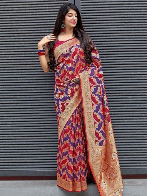 floral banarasi silk saree with blouse - 16829156 - Very Small Image - 1