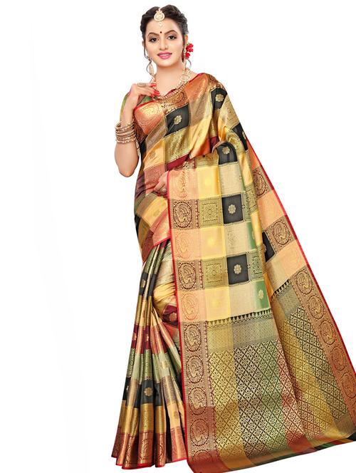checkered kanjivaram saree with blouse - 16832442 - Very Small Image - 1