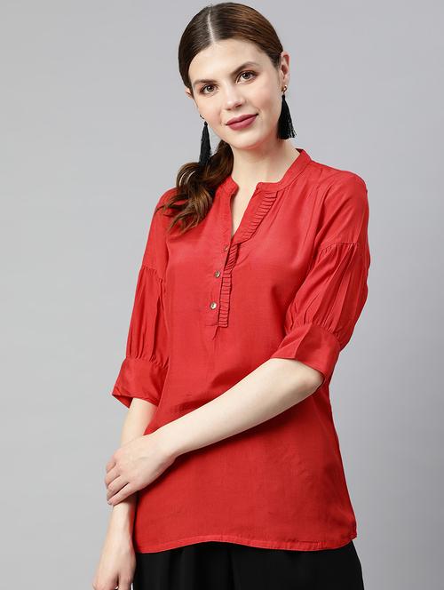 mandarin neck pleated placket top - 16833317 - Very Small Image - 1