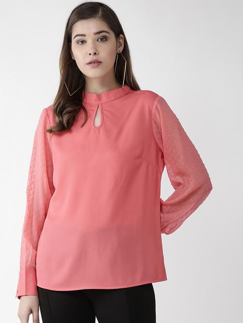key hole neck dobby sleeved top - 16838371 - Very Small Image - 1
