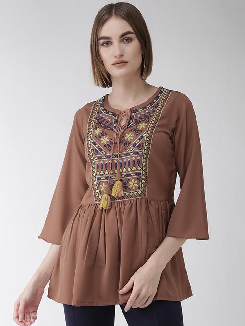 embroidered detail tie up neck top - 16838424 - Very Small Image - 1