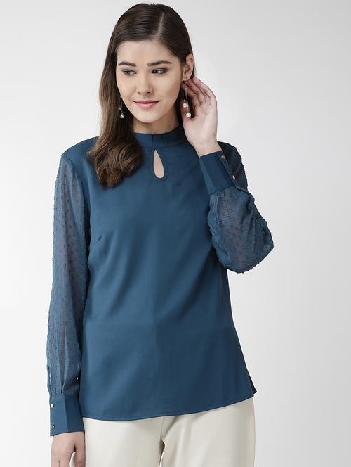 key hole neck dobby sleeved top - 16838456 - Very Small Image - 1
