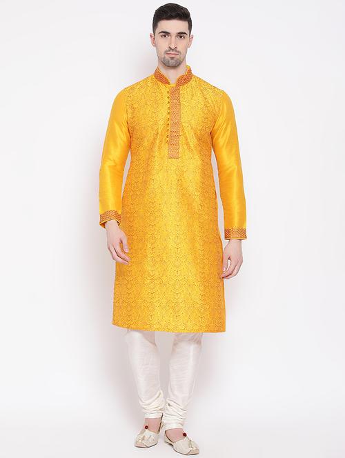 yellow silk blend embroidered long kurta - 16843344 - Very Small Image - 1