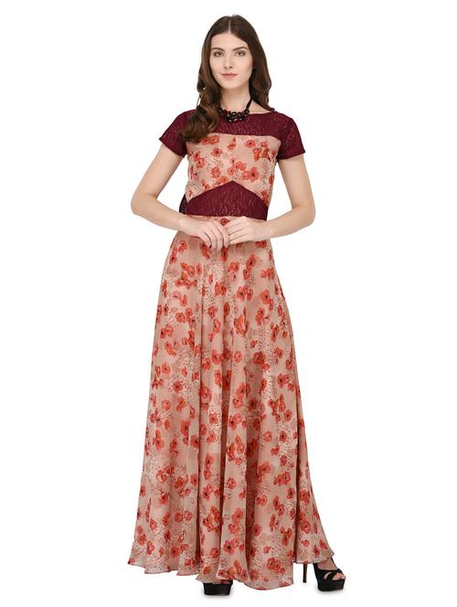 contrast lace bow tie flared gown - 16843549 - Very Small Image - 1