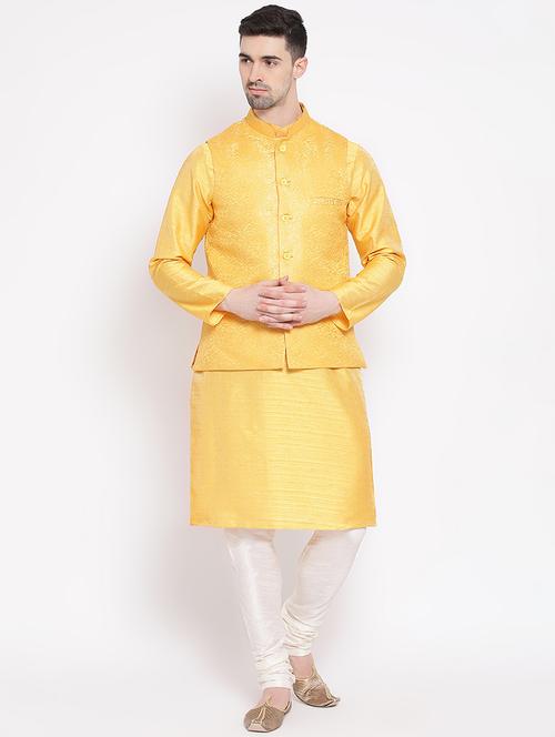 yellow solid kurta pyjama set with nehru jacket - 16843937 - Very Small Image - 1