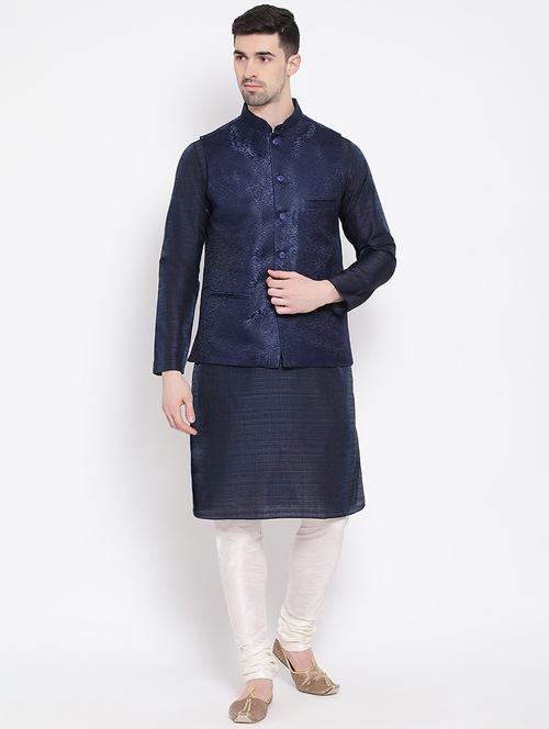 blue solid kurta pyjama set with nehru jacket - 16843938 - Very Small Image - 1