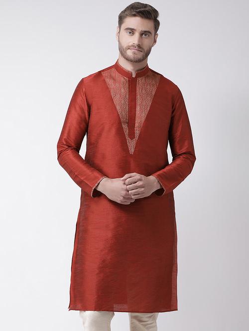 red dupion brocade long kurta - 16846559 - Very Small Image - 1