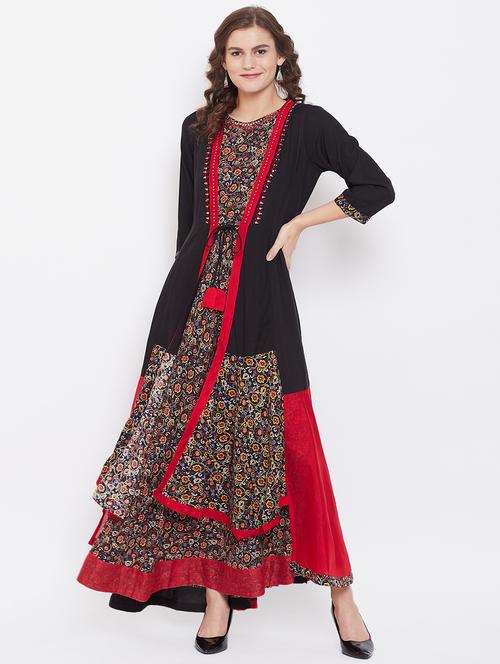 color block embroidered ethnic dress - 16848188 - Very Small Image - 1