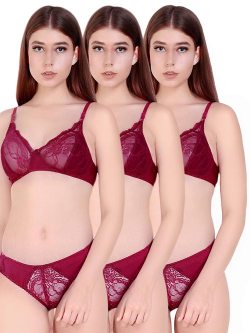 set of 3 bow patch lace detail bra and panty set - 16850081 - Very Small Image - 1