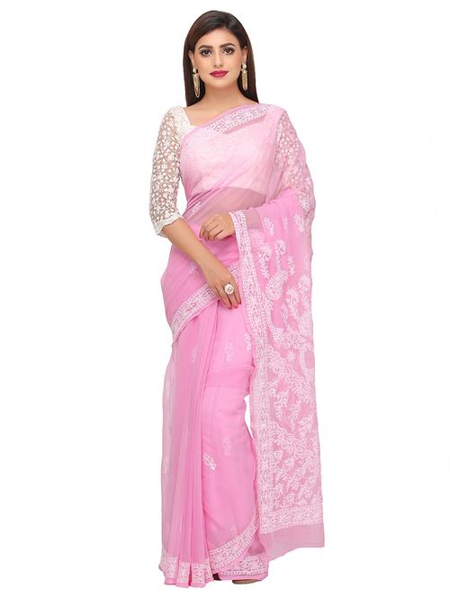 self design chikankari saree with blouse - 16850996 - Very Small Image - 1