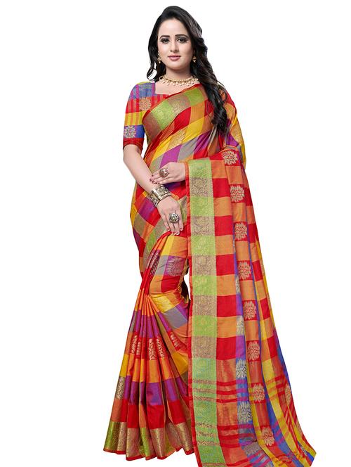 checkered woven saree with blouse - 16851146 - Very Small Image - 1