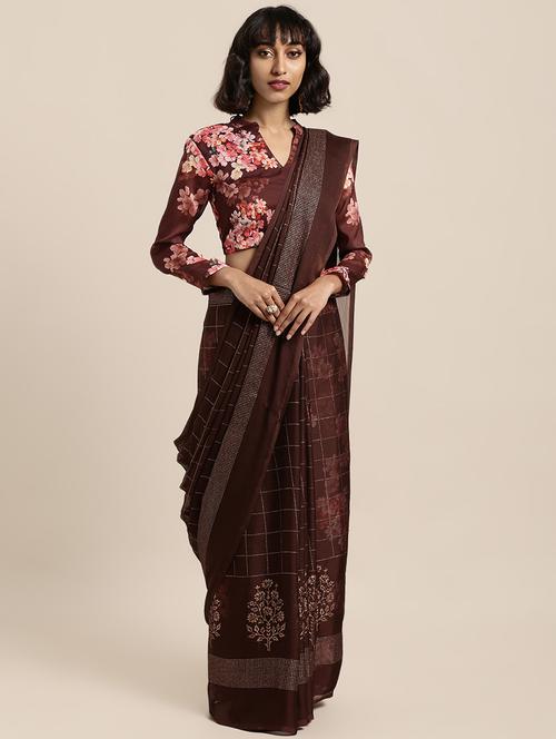 checkered woven saree with blouse - 16856964 - Very Small Image - 1