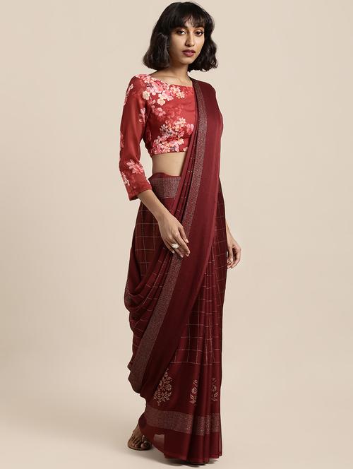 checkered woven saree with blouse - 16856966 - Very Small Image - 1