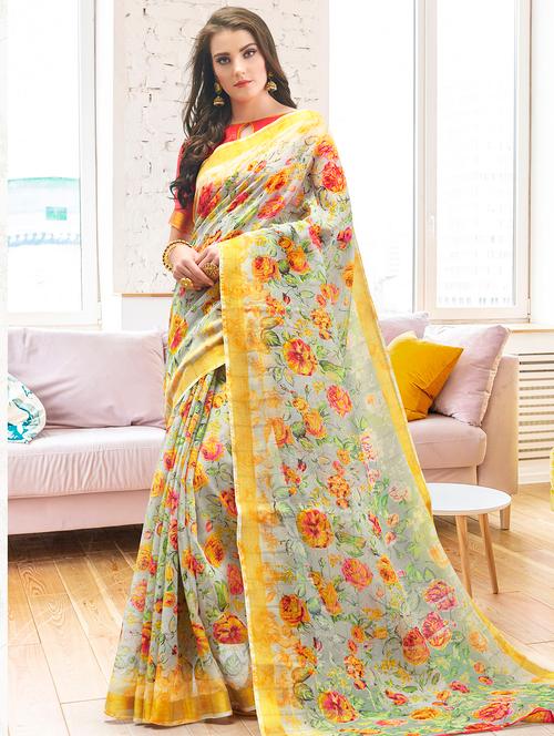 floral printed saree with blouse - 16857997 - Very Small Image - 1