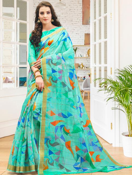 turquoise linen printed saree with blouse - 16857998 - Very Small Image - 1