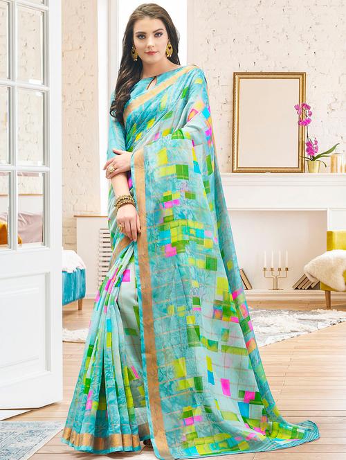 turquoise linen printed saree with blouse - 16857999 - Very Small Image - 1