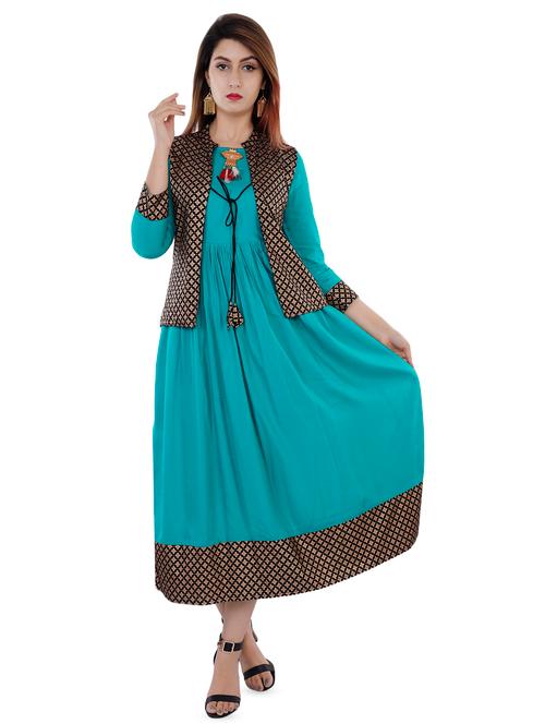 solid flared ethnic dress with jacket - 16861083 - Very Small Image - 1